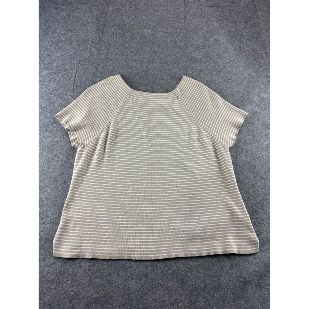 VTG Liz Claiborne Lizwear Tan White Striped Short Sleeve Knit Top Cotton Women L